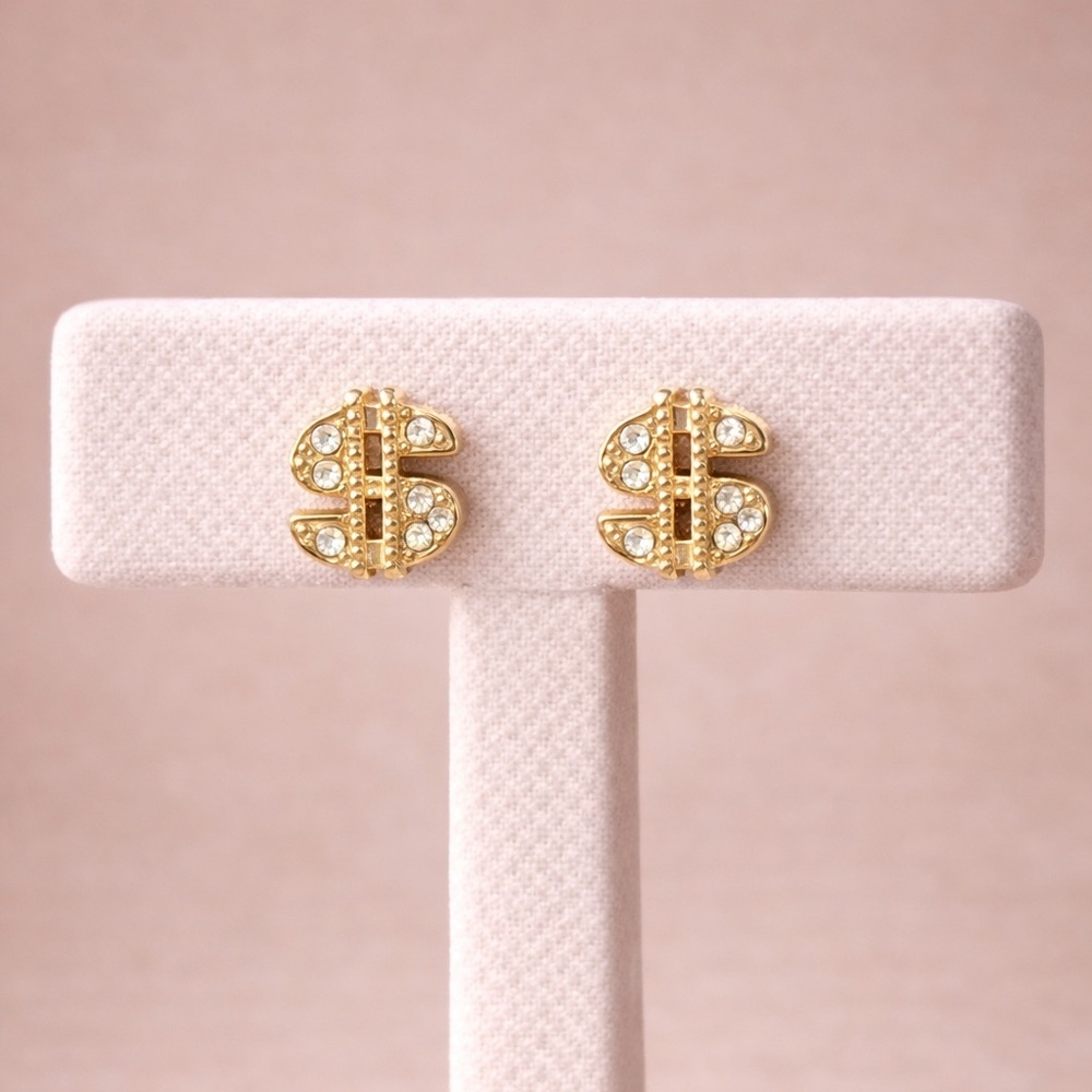 Gold Tone Dollar Sign Stud Earrings Rhinestone Bold Statement Trendy
